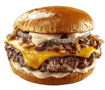Grill Hub cheeseburger topped with melted cheese and caramelized onions on a toasted bun